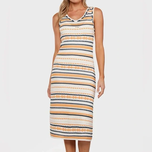 NWT • Joie • Giselle Sleeveless Striped Crochet Midi Dress • Size XL • 💙🧡🤍 • - Picture 6 of 9